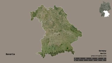 Almanya 'nın Bavyera eyaleti, başkenti sağlam bir zemin üzerinde izole edilmiştir. Uzaklık ölçeği, bölge önizlemesi ve etiketleri. Uydu görüntüleri. 3B görüntüleme
