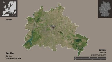 Berlin 'in şekli, Almanya devleti ve başkenti. Uzaklık ölçeği, ön gösterimler ve etiketler. Uydu görüntüleri. 3B görüntüleme