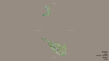 Bremen bölgesi, Almanya devleti, katı bir arka planda izole edilmiş bir sınır kutusunda. Etiketler. Uydu görüntüleri. 3B görüntüleme