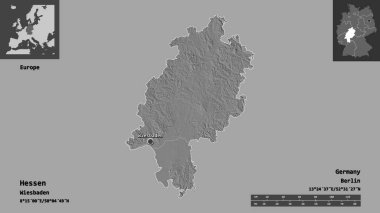 Hessen 'in şekli, Almanya eyaleti ve başkenti. Uzaklık ölçeği, ön gösterimler ve etiketler. Çift seviyeli yükseklik haritası. 3B görüntüleme