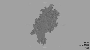 Hessen bölgesi, Almanya devleti, katı bir arka planda izole edilmiş bir sınır kutusunda. Etiketler. Çift seviyeli yükseklik haritası. 3B görüntüleme