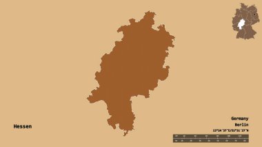 Hessen 'in şekli, Almanya devleti, sermayesi sağlam arka planda izole edilmiş. Uzaklık ölçeği, bölge önizlemesi ve etiketleri. Desenli dokuların bileşimi. 3B görüntüleme