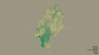 Hessen bölgesi, Almanya devleti, katı bir arka planda izole edilmiş bir sınır kutusunda. Etiketler. Topografik yardım haritası. 3B görüntüleme