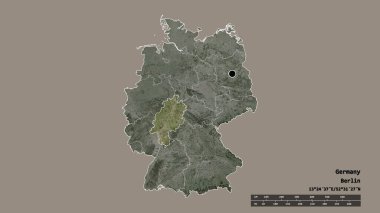 Başkenti, ana bölgesel bölünmesi ve ayrılmış Hessen bölgesi ile Almanya 'nın dejenere edilmiş şekli. Etiketler. Uydu görüntüleri. 3B görüntüleme