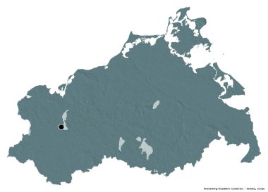 Mecklenburg-Vorpommern, Almanya devleti, başkenti beyaz arka planda izole edilmiştir. Renkli yükseklik haritası. 3B görüntüleme