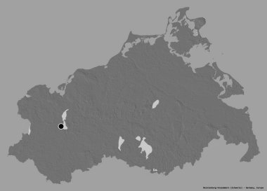 Mecklenburg-Vorpommern, Almanya devleti, başkenti katı bir renk arkaplanı ile izole edilmiştir. Çift seviyeli yükseklik haritası. 3B görüntüleme