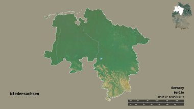 Niedersachsen, Almanya devleti, başkenti sağlam bir zemin üzerinde izole edilmiştir. Uzaklık ölçeği, bölge önizlemesi ve etiketleri. Topografik yardım haritası. 3B görüntüleme