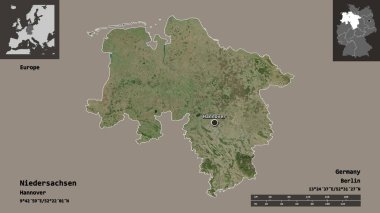 Niedersachsen 'in şekli, Almanya eyaleti ve başkenti. Uzaklık ölçeği, ön gösterimler ve etiketler. Uydu görüntüleri. 3B görüntüleme