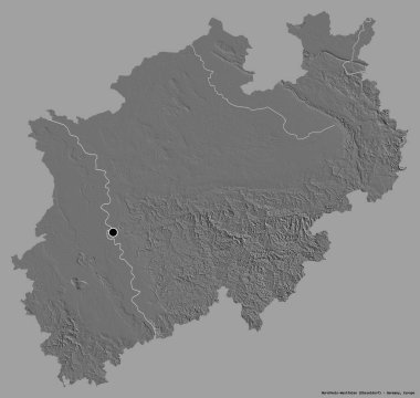 Almanya 'nın Nordrhein-Westfalen eyaleti, başkenti katı bir renk arkaplanı ile izole edilmiştir. Çift seviyeli yükseklik haritası. 3B görüntüleme