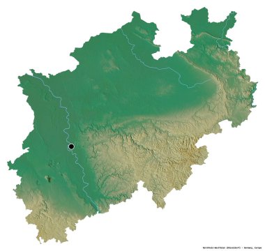 Almanya 'nın başkenti Nordrhein-Westfalen' in beyaz arka planda izole edilmiş hali. Topografik yardım haritası. 3B görüntüleme