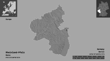 Rheinland-Pfalz 'ın şekli, Almanya devleti ve başkenti. Uzaklık ölçeği, ön gösterimler ve etiketler. Çift seviyeli yükseklik haritası. 3B görüntüleme