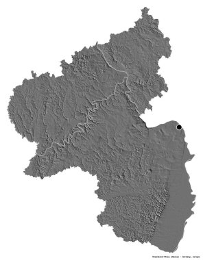 Almanya 'nın başkenti Rheinland-Pfalz' ın beyaz arka planda izole edilmiş hali. Çift seviyeli yükseklik haritası. 3B görüntüleme