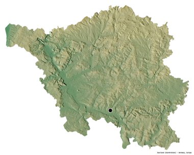 Almanya 'nın Saarland eyaleti, başkenti beyaz arka planda izole edilmiş. Topografik yardım haritası. 3B görüntüleme