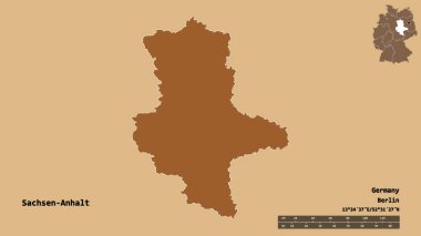 Almanya 'nın Sachsen-Anhalt eyaleti, başkenti sağlam bir zemin üzerinde izole edilmiştir. Uzaklık ölçeği, bölge önizlemesi ve etiketleri. Desenli dokuların bileşimi. 3B görüntüleme