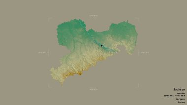 Sachsen bölgesi, Almanya devleti, katı bir arka planda izole edilmiş bir sınır kutusunda. Etiketler. Topografik yardım haritası. 3B görüntüleme