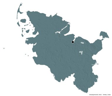 Almanya 'nın kuzeyinde Schleswig-Holstein eyaleti, başkenti beyaz arka planda izole edilmiş. Renkli yükseklik haritası. 3B görüntüleme