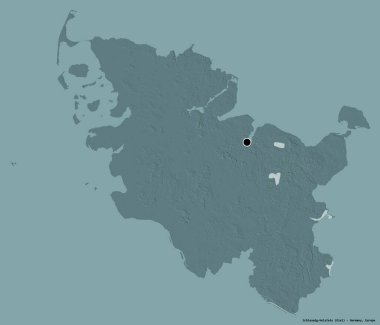 Almanya 'nın kuzeyinde Schleswig-Holstein eyaleti, başkenti katı bir renk arkaplanı ile izole edilmiştir. Renkli yükseklik haritası. 3B görüntüleme