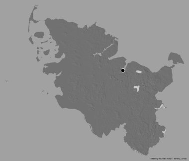 Almanya 'nın kuzeyinde Schleswig-Holstein eyaleti, başkenti katı bir renk arkaplanı ile izole edilmiştir. Çift seviyeli yükseklik haritası. 3B görüntüleme