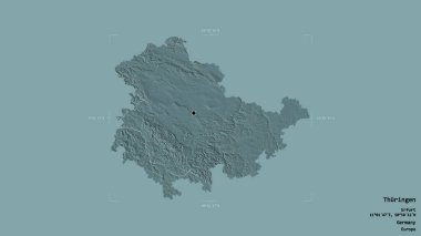 Thuringen bölgesi, Almanya devleti, katı bir arka planda izole edilmiş bir sınır kutusunda. Etiketler. Renkli yükseklik haritası. 3B görüntüleme