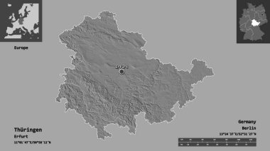Thuringen 'in şekli, Almanya devleti ve başkenti. Uzaklık ölçeği, ön gösterimler ve etiketler. Çift seviyeli yükseklik haritası. 3B görüntüleme
