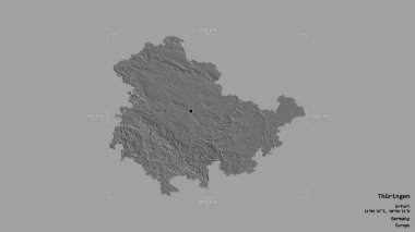 Thuringen bölgesi, Almanya devleti, katı bir arka planda izole edilmiş bir sınır kutusunda. Etiketler. Çift seviyeli yükseklik haritası. 3B görüntüleme