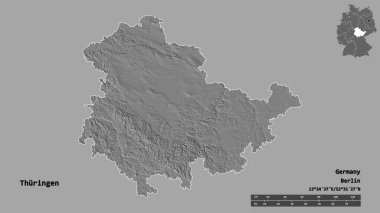 Thuringen, Almanya devleti, başkenti sağlam bir zemin üzerinde izole edilmiş. Uzaklık ölçeği, bölge önizlemesi ve etiketleri. Çift seviyeli yükseklik haritası. 3B görüntüleme