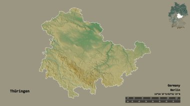 Thuringen, Almanya devleti, başkenti sağlam bir zemin üzerinde izole edilmiş. Uzaklık ölçeği, bölge önizlemesi ve etiketleri. Topografik yardım haritası. 3B görüntüleme