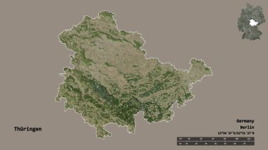 Thuringen, Almanya devleti, başkenti sağlam bir zemin üzerinde izole edilmiş. Uzaklık ölçeği, bölge önizlemesi ve etiketleri. Uydu görüntüleri. 3B görüntüleme