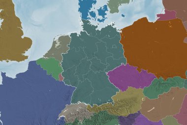 Almanya 'nın ülke sınırları, uluslararası ve bölgesel sınırları olan geniş bir bölgesi. Renkli yükseklik haritası. 3B görüntüleme