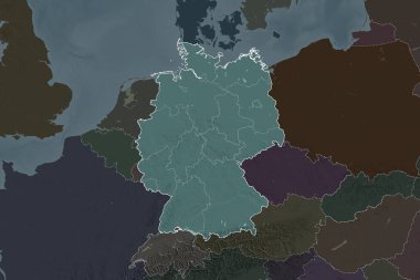 Almanya 'nın şekli, komşu bölgelerin dedoygunluğuyla ayrılmıştı. Sınırlar. Renkli yükseklik haritası. 3B görüntüleme