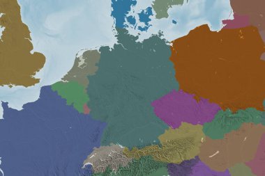 Almanya 'nın genişletilmiş bölgesi. Renkli yükseklik haritası. 3B görüntüleme