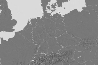 Almanya 'nın ülke sınırları, uluslararası ve bölgesel sınırları olan geniş bir bölgesi. Çift seviyeli yükseklik haritası. 3B görüntüleme