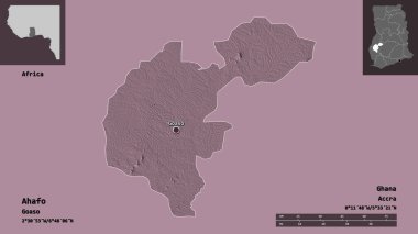 Ahafo 'nun şekli, Gana bölgesi ve başkenti. Uzaklık ölçeği, ön gösterimler ve etiketler. Renkli yükseklik haritası. 3B görüntüleme