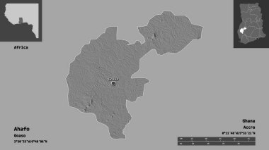 Ahafo 'nun şekli, Gana bölgesi ve başkenti. Uzaklık ölçeği, ön gösterimler ve etiketler. Çift seviyeli yükseklik haritası. 3B görüntüleme