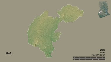 Gana 'nın Ahafo bölgesi, başkenti katı arka planda izole edilmiş. Uzaklık ölçeği, bölge önizlemesi ve etiketleri. Topografik yardım haritası. 3B görüntüleme