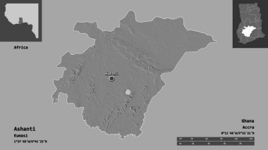 Ashanti 'nin şekli, Gana bölgesi ve başkenti. Uzaklık ölçeği, ön gösterimler ve etiketler. Çift seviyeli yükseklik haritası. 3B görüntüleme