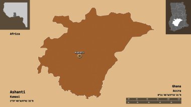 Ashanti 'nin şekli, Gana bölgesi ve başkenti. Uzaklık ölçeği, ön gösterimler ve etiketler. Desenli dokuların bileşimi. 3B görüntüleme
