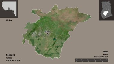 Ashanti 'nin şekli, Gana bölgesi ve başkenti. Uzaklık ölçeği, ön gösterimler ve etiketler. Uydu görüntüleri. 3B görüntüleme