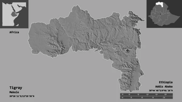 埃塞俄比亚国家提格雷的形状及其首都 距离刻度 预览和标签 Bilevel高程图 3D渲染 — 图库照片