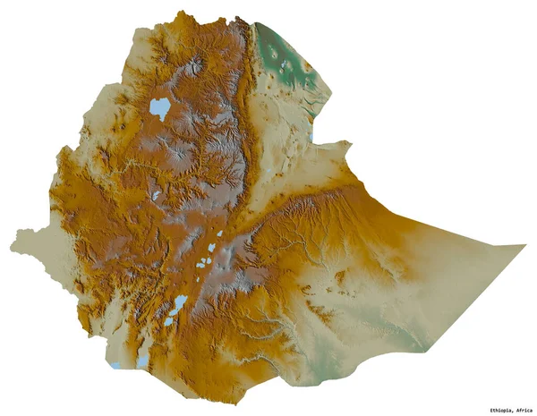 Form Etiopien Med Sin Hovedstad Isoleret Hvid Baggrund Topografisk Relief - Stock-foto
