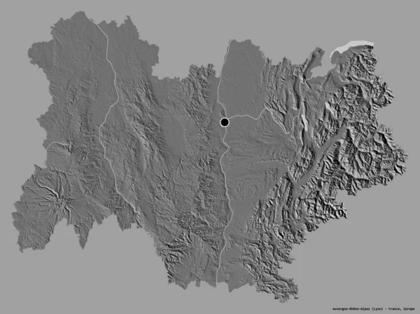 法国奥弗涅 阿尔卑斯地区的形状 其首都在一个坚实的色彩背景上被隔离 Bilevel高程图 3D渲染 — 图库照片