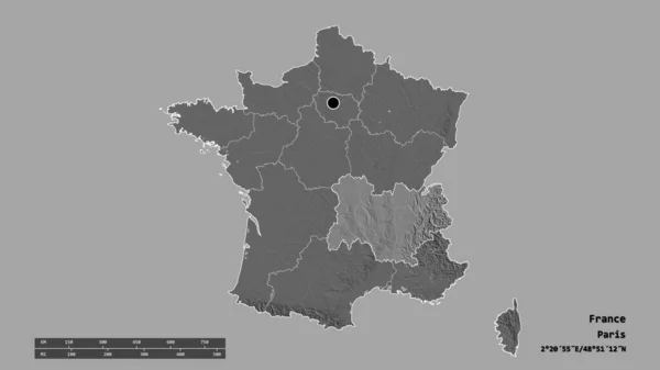主要な地域部門と分離されたオーヴェルニュ ローヌ アルプ地域とフランスの荒廃した形 ラベル 標高マップ 3Dレンダリング — ストック写真