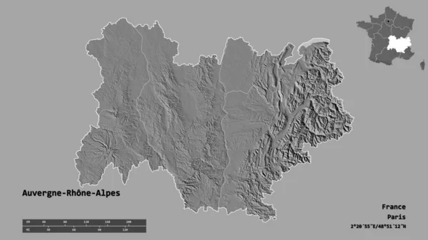 法国奥弗涅 阿尔卑斯地区的形状 其首都在坚实的背景下与世隔绝 距离尺度 区域预览和标签 Bilevel高程图 3D渲染 — 图库照片