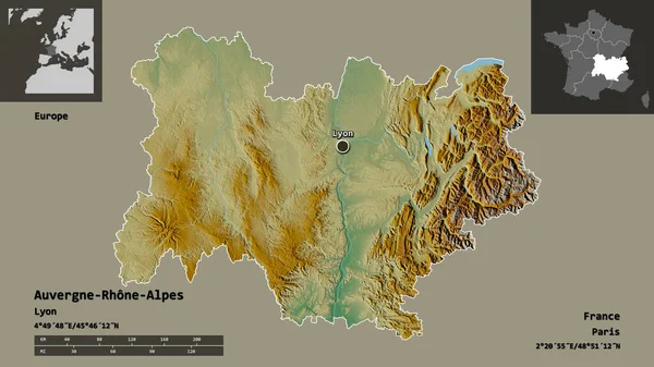 オーヴェルニュ ローヌ アルプの形 フランスの地域 そしてその首都 距離スケール プレビューおよびラベル 地形図 3Dレンダリング — ストック写真