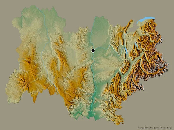 法国奥弗涅 阿尔卑斯地区的形状 其首都在一个坚实的色彩背景上被隔离 地形浮雕图 3D渲染 — 图库照片