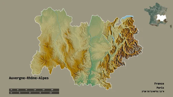 法国奥弗涅 阿尔卑斯地区的形状 其首都在坚实的背景下与世隔绝 距离尺度 区域预览和标签 地形浮雕图 3D渲染 — 图库照片