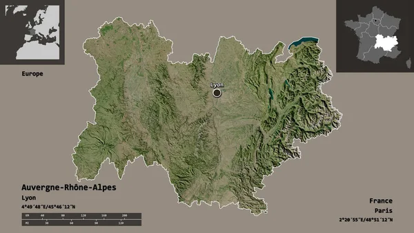 Форма Auvergne Rhone Alpes Регіон Франції Його Столиця Масштаб Відстаней — стокове фото