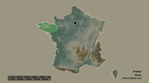 Desaturated Shape France Its Capital Main Regional Division Separated Bretagne — Stock Photo, Image