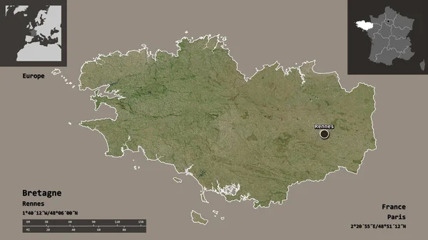 Form Bretagne Regionen Frankrike Och Dess Huvudstad Avståndsskala Förhandsvisningar Och — Stockfoto