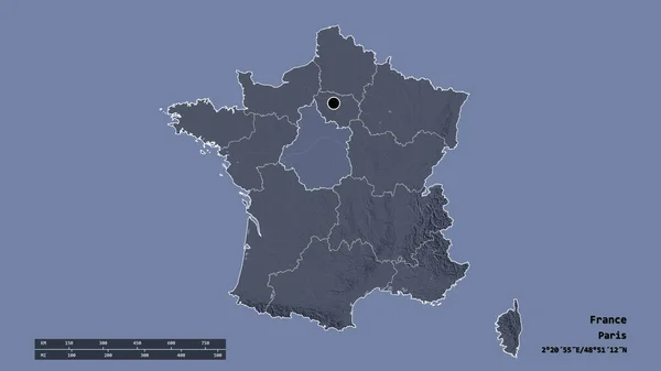 主要な地域部門と分離されたセンター ヴァル ロワール地域を持つフランスの荒廃した形 ラベル 色の標高マップ 3Dレンダリング — ストック写真